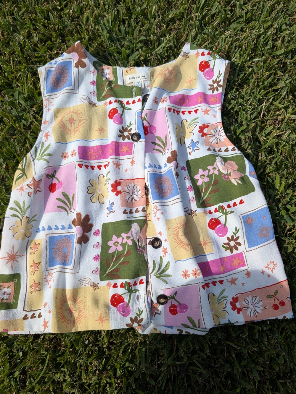 Faith and Joy Girls' Multicolor Patchwork Print Button Vest